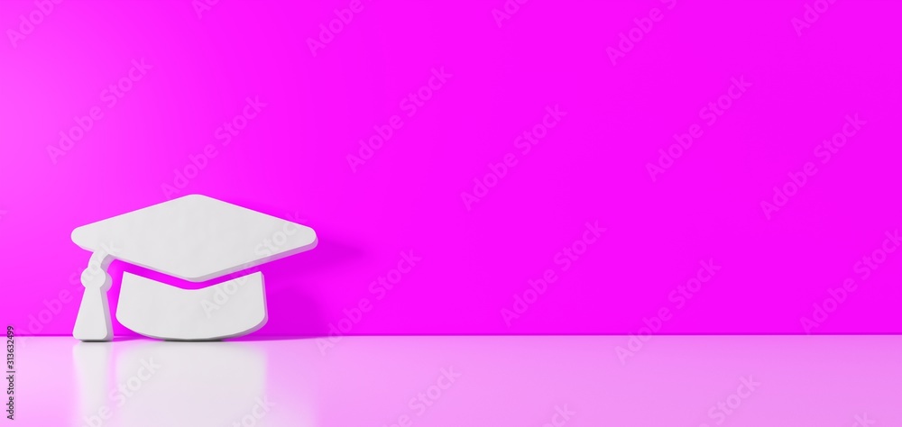 Poster 3d rendering of white symbol of graduation cap icon leaning on color wall with floor reflection with