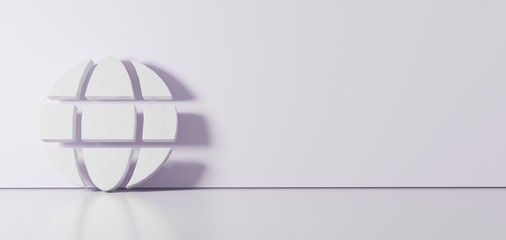 3D rendering of white symbol of globe icon leaning on color wall with floor reflection with empty space on right side