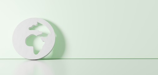3D rendering of white symbol of globe Africa icon leaning on color wall with floor reflection with empty space on right side