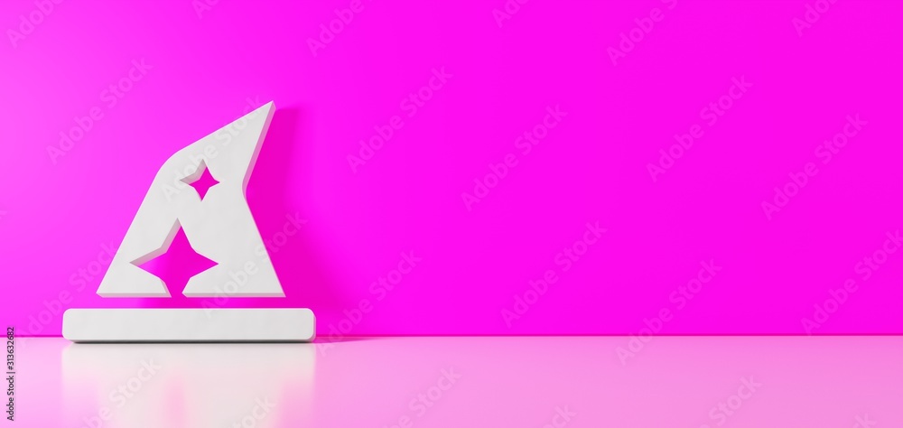 Poster 3d rendering of white symbol of hat wizard icon leaning on color wall with floor reflection with emp