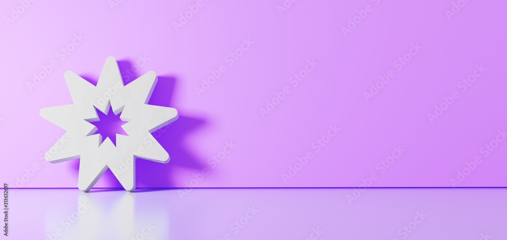 Poster 3d rendering of white symbol of haykal icon leaning on color wall with floor reflection with empty s