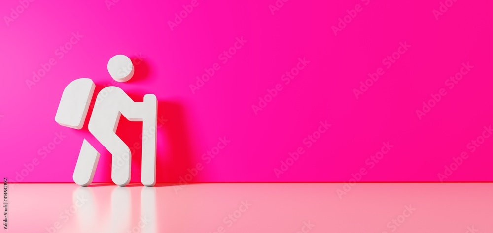 Aufkleber 3d rendering of white symbol of hiking icon leaning on color wall with floor reflection with empty s