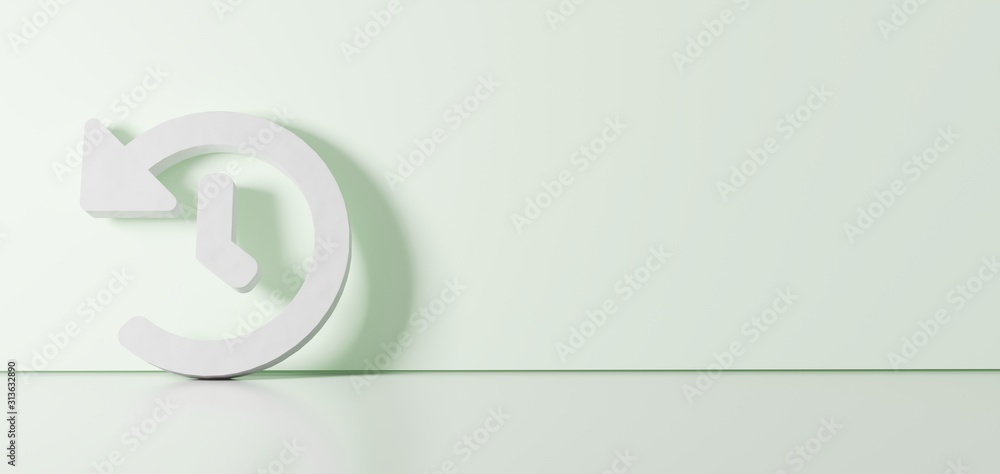Poster 3D rendering of white symbol of history icon leaning on color wall with floor reflection with empty space on right side