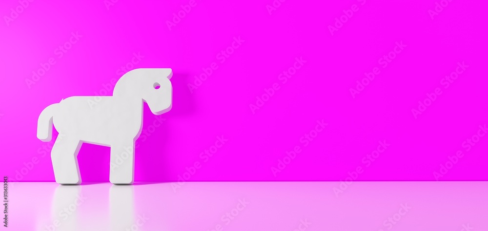 Poster 3d rendering of white symbol of horse icon leaning on color wall with floor reflection with empty sp
