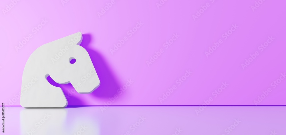 Poster 3d rendering of white symbol of horse head icon leaning on color wall with floor reflection with emp