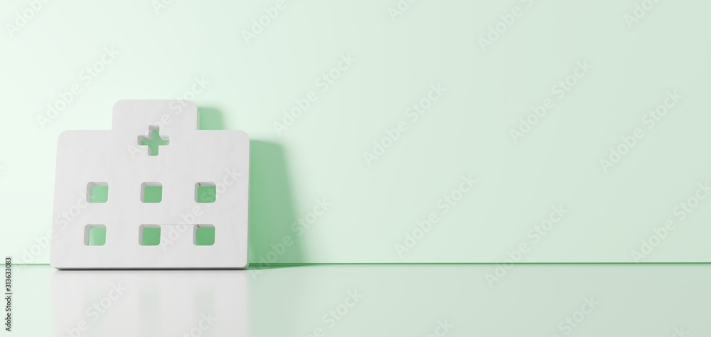 Poster 3d rendering of white symbol of hospital icon leaning on color wall with floor reflection with empty