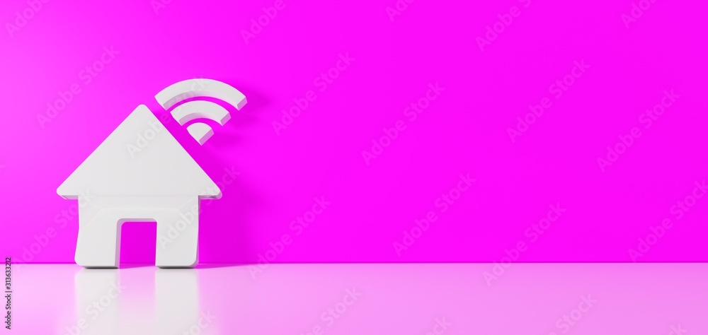 Poster 3d rendering of white symbol of house wi-fi icon leaning on color wall with floor reflection with em
