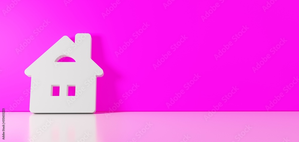 Poster 3d rendering of white symbol of house icon leaning on color wall with floor reflection with empty sp