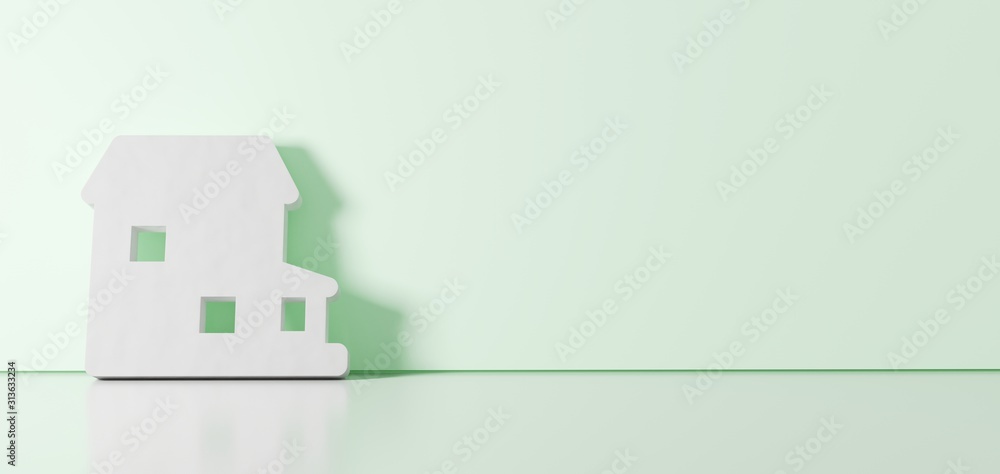 Poster 3d rendering of white symbol of house icon leaning on color wall with floor reflection with empty sp