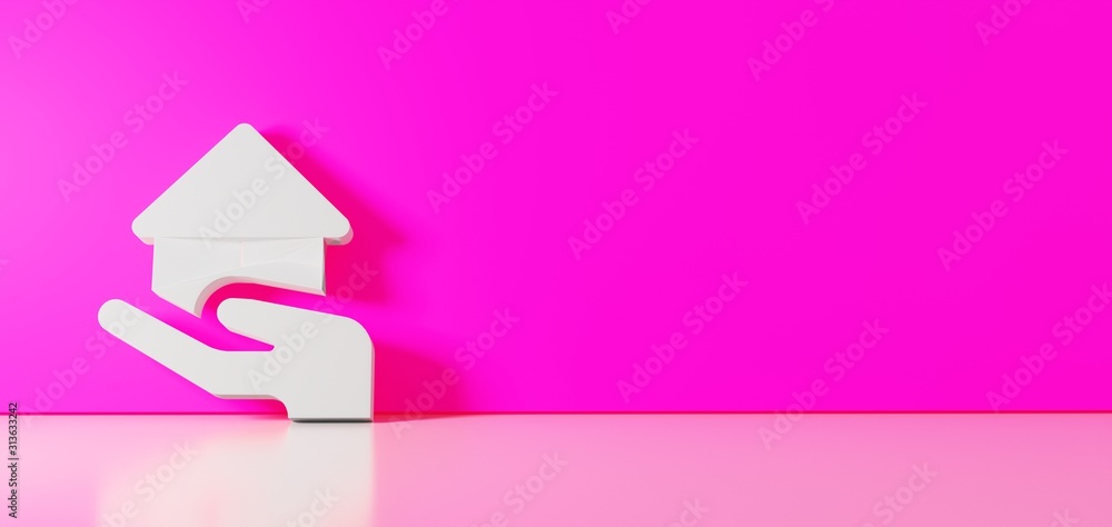 Poster 3d rendering of white symbol of house icon leaning on color wall with floor reflection with empty sp