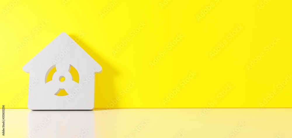 Poster 3d rendering of white symbol of house icon leaning on color wall with floor reflection with empty sp