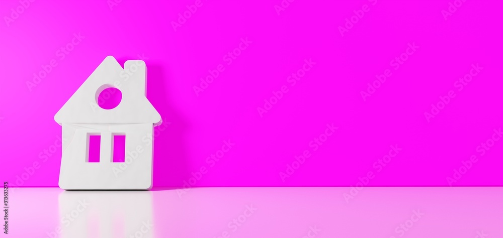 Poster 3d rendering of white symbol of house icon leaning on color wall with floor reflection with empty sp