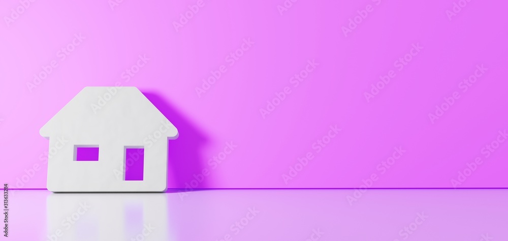 Poster 3d rendering of white symbol of house icon leaning on color wall with floor reflection with empty sp