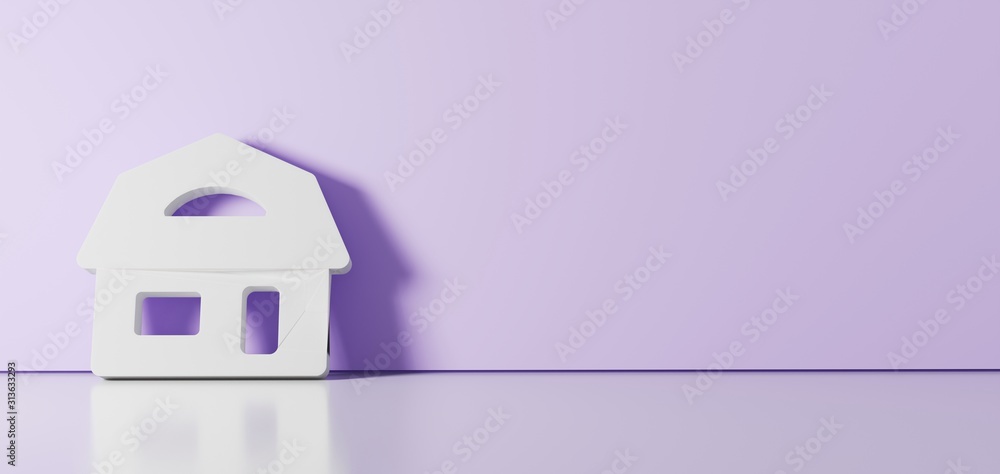 Poster 3d rendering of white symbol of house icon leaning on color wall with floor reflection with empty sp