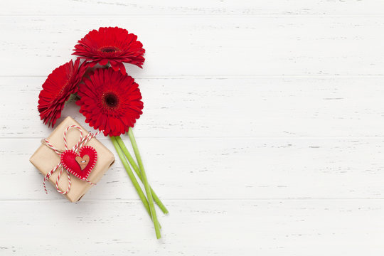 Valentines day gift box and gerbera bouquet