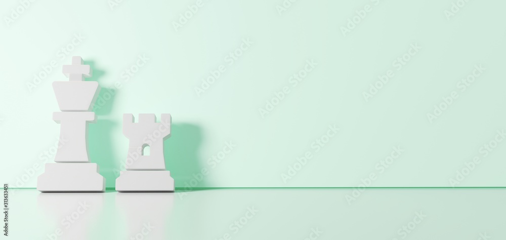 Poster 3d rendering of white symbol of chess icon leaning on color wall with floor reflection with empty sp