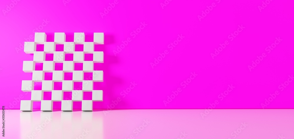 Poster 3d rendering of white symbol of chess board icon leaning on color wall with floor reflection with em