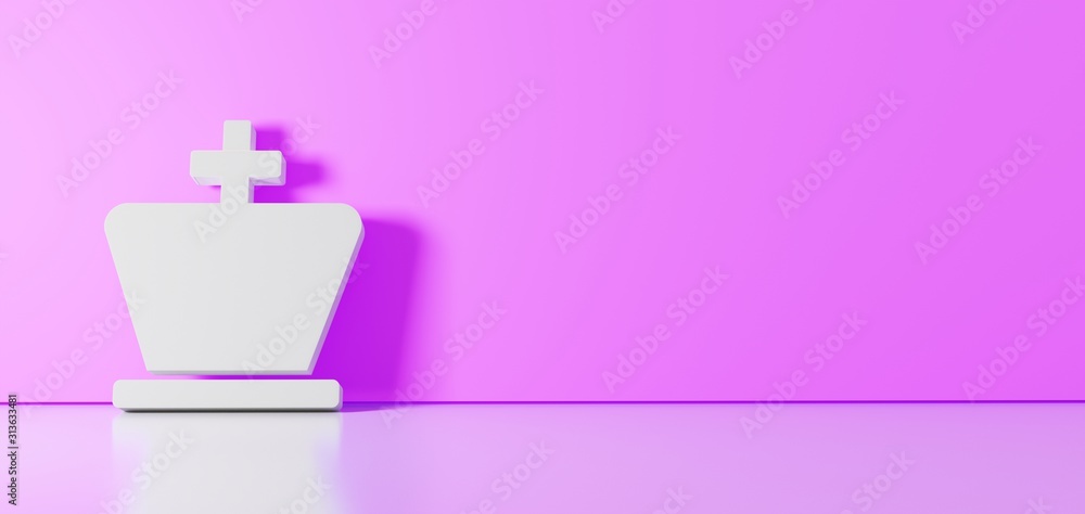 Poster 3d rendering of white symbol of chess king icon leaning on color wall with floor reflection with emp