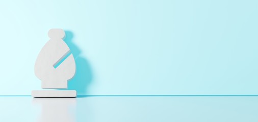 3D rendering of white symbol of chess bishop icon leaning on color wall with floor reflection with empty space on right side