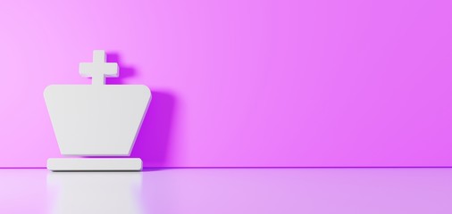 3D rendering of white symbol of chess king icon leaning on color wall with floor reflection with empty space on right side