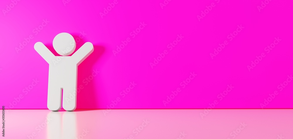 Poster 3d rendering of white symbol of child icon leaning on color wall with floor reflection with empty sp
