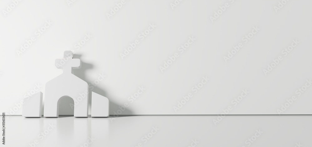 Poster 3d rendering of white symbol of church icon leaning on color wall with floor reflection with empty s