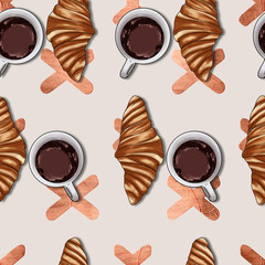 seamleass pattern with croissant and coffee cup on gold rose background 