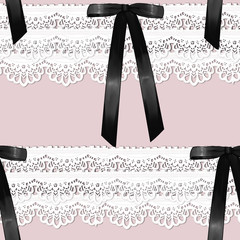 Seamless Pattern - horizontal stripes of Lace and black ribbons on pink background