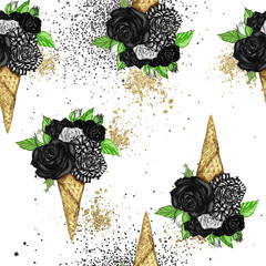 Seamless pattern - Black and white Roses ice cone  on white background and gold confetti 