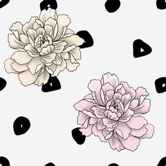 Seamless pattern of pink and cream peonies on white dotted background 