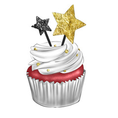 Digital illustration od red velvet cupacke decorated with glitter stars - food illustration 