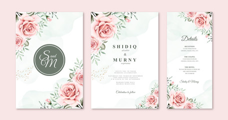 Wedding invitation card set with romantic floral watercolor