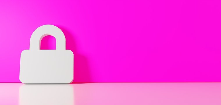 3D rendering of white symbol of lock icon leaning on color wall with floor reflection with empty space on right side