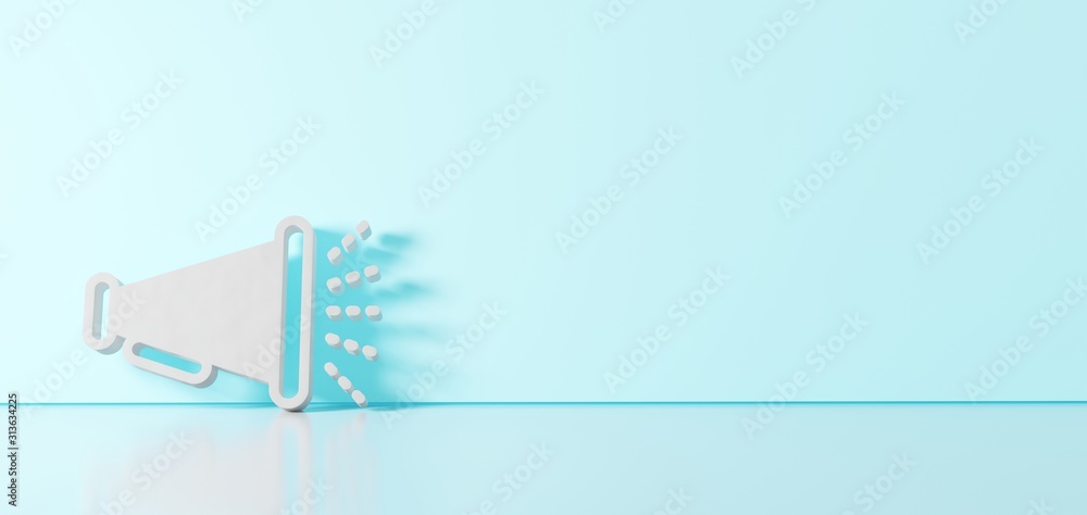 Aufkleber 3d rendering of white symbol of megaphone icon leaning on color wall with floor reflection with empt