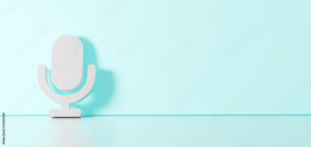 Poster 3d rendering of white symbol of microphone icon leaning on color wall with floor reflection with emp