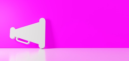 3D rendering of white symbol of megaphone icon leaning on color wall with floor reflection with empty space on right side