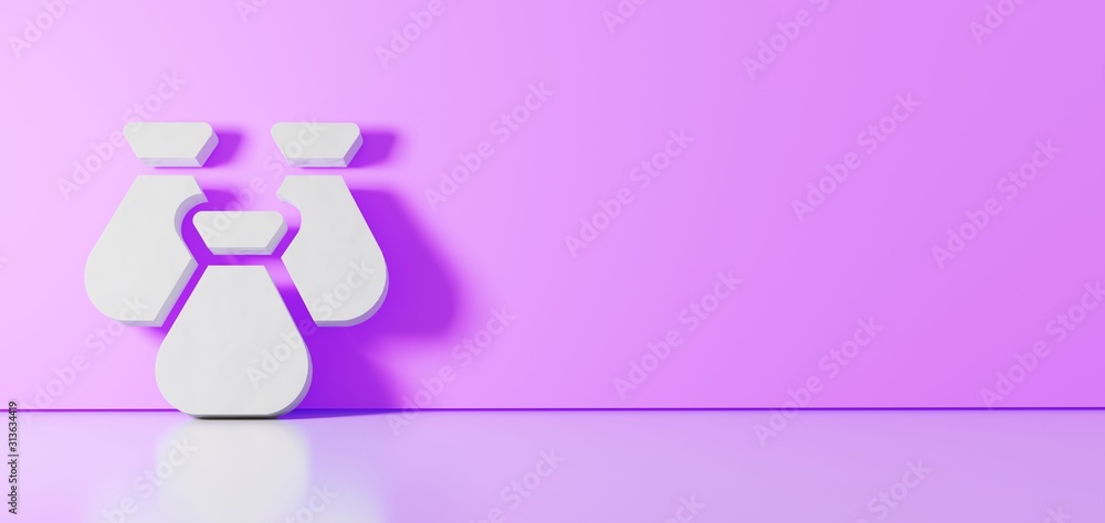 Aufkleber 3d rendering of white symbol of money bag icon leaning on color wall with floor reflection with empt