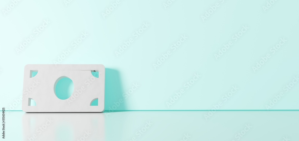 Poster 3d rendering of white symbol of money bill icon leaning on color wall with floor reflection with emp