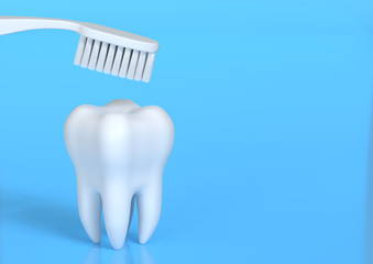 Fototapeta na wymiar Toothbrush and white tooth on a blue background. Concept of dental examination teeth, dental health and hygiene. 3d rendering illustration