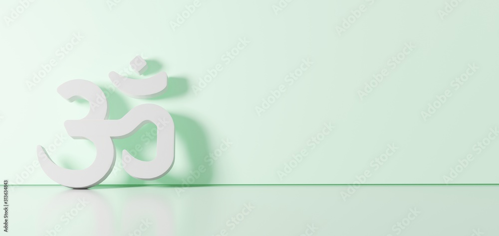 Poster 3d rendering of white symbol of om icon leaning on color wall with floor reflection with empty space