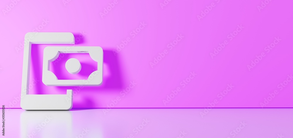 Poster 3D rendering of white symbol of payment method  icon leaning on color wall with floor reflection with empty space on right side