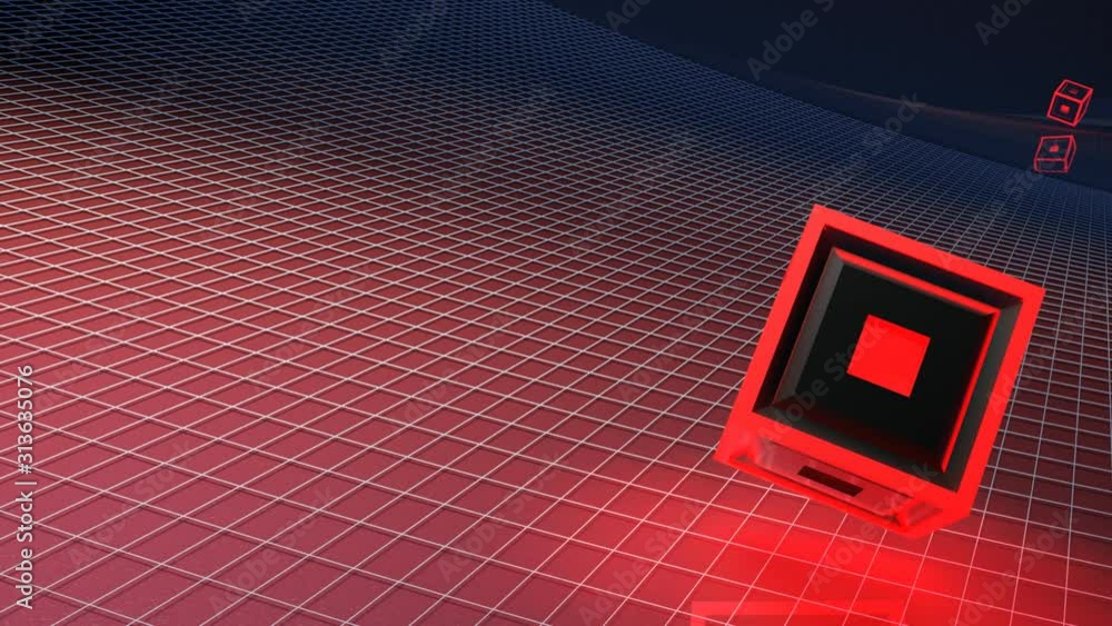 Poster a black cube with red lighted structure is rotating over a red surface having a white grid - 3d rend