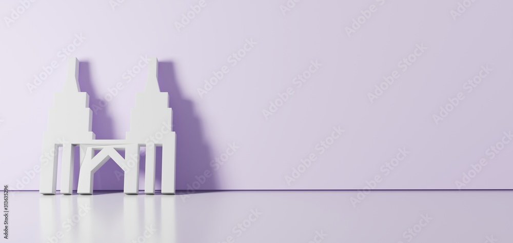 Poster 3d rendering of white symbol of petronas twin tower icon leaning on color wall with floor reflection