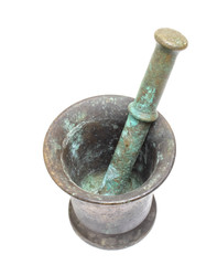  Old bronze mortar. Isolated on white background. Top view. 