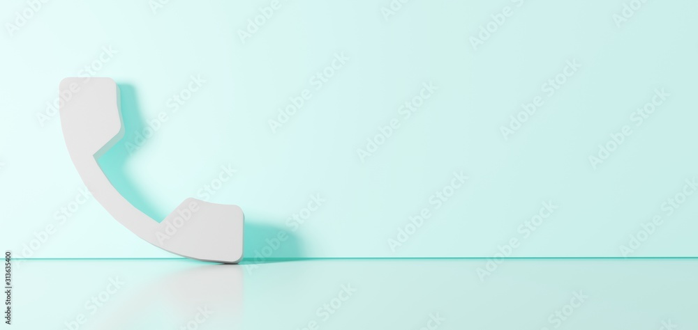 Poster 3d rendering of white symbol of phone call button icon leaning on color wall with floor reflection w