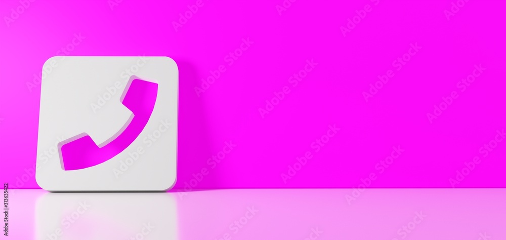 Poster 3d rendering of white symbol of phone square icon leaning on color wall with floor reflection with e