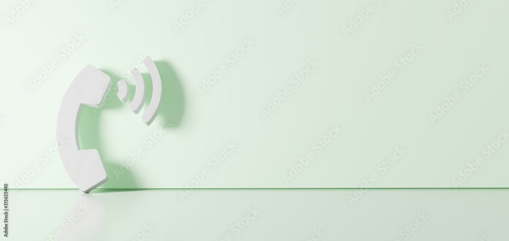 Poster 3d rendering of white symbol of phone volume icon leaning on color wall with floor reflection with e