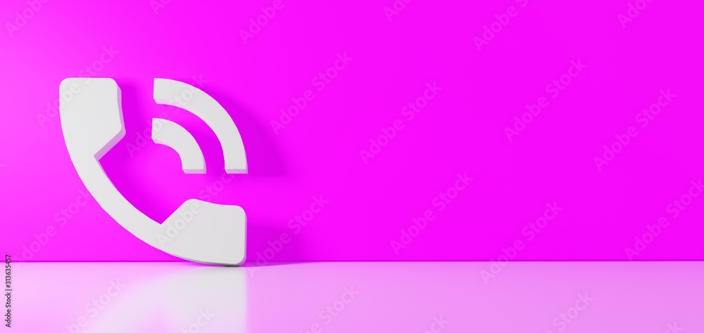Poster 3d rendering of white symbol of phone working indicator icon leaning on color wall with floor reflec