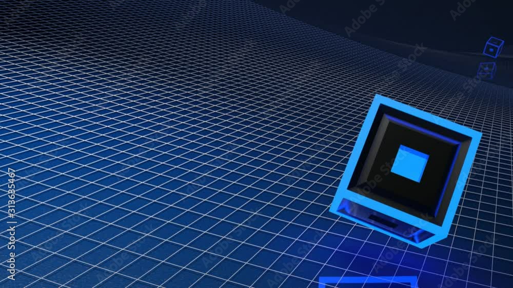 Aufkleber a black cube with blue lighted structure is rotating over a blue surface having a white grid - 3d re
