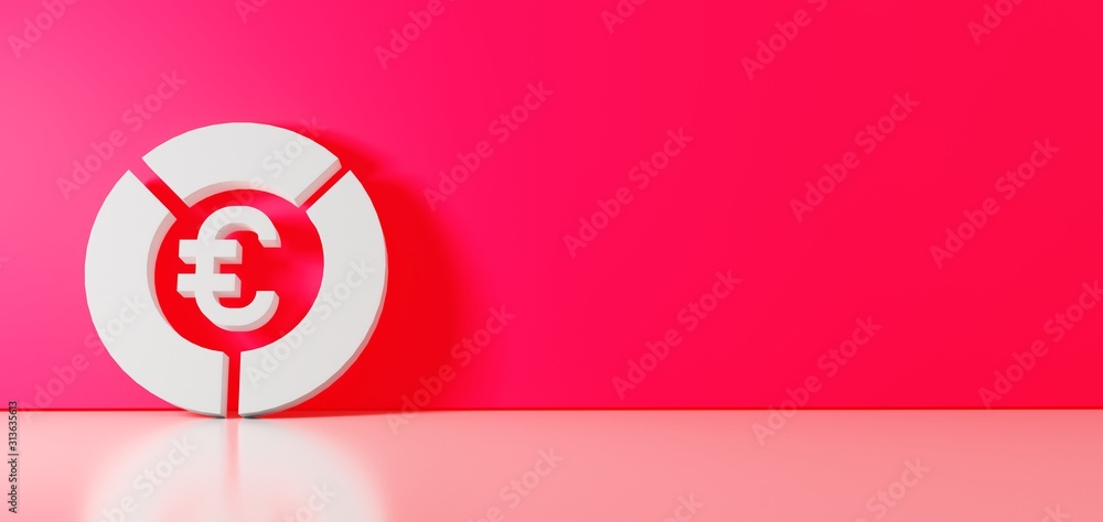 Poster 3d rendering of white symbol of pie chart icon leaning on color wall with floor reflection with empt